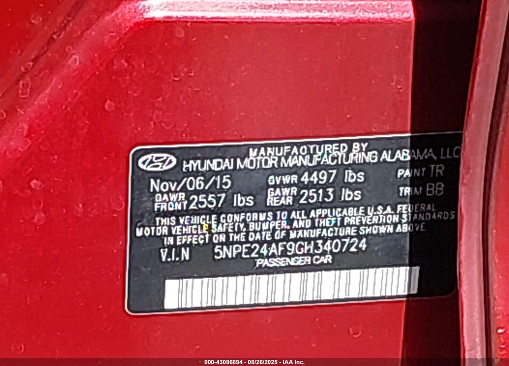 2016 HYUNDAI SONATA SE VIN: 5NPE24AF9GH340724