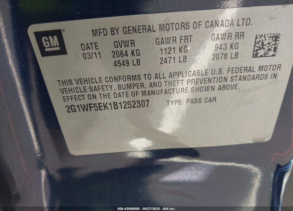 2011 CHEVROLET IMPALA VIN: 2G1WF5EK1B1252307