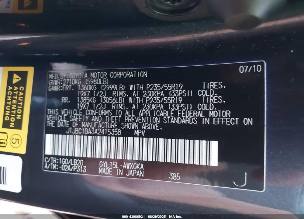 2010 LEXUS RX 450H VIN: JTJBC1BA3A2415358