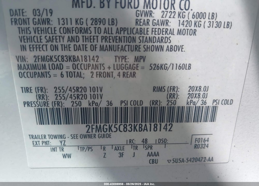 2019 FORD FLEX VIN: 2FMGK5C83KBA18142