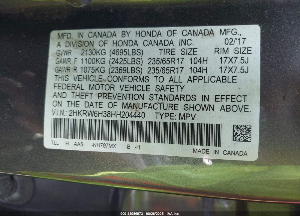 2017 HONDA CR-V LX VIN: 2HKRW6H38HH204440