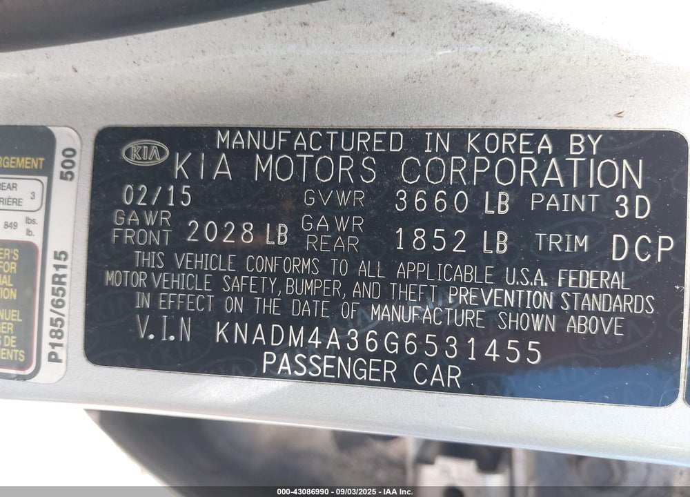 2016 KIA RIO VIN: KNADM4A36G6531455