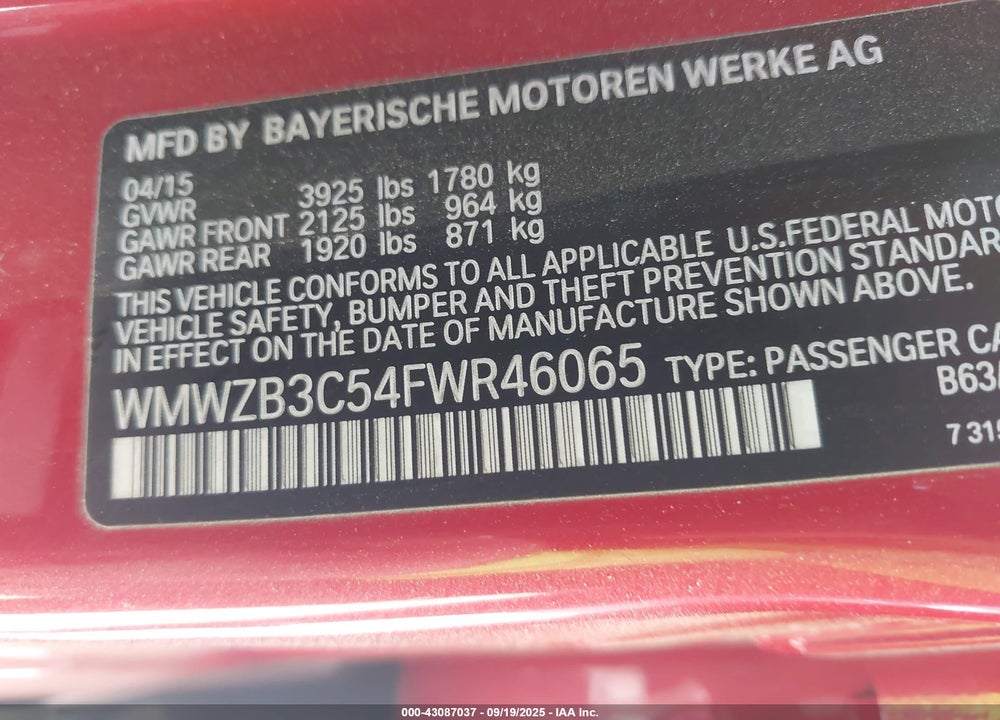 2015 MINI COUNTRYMAN VIN: WMWZB3C54FWR46065