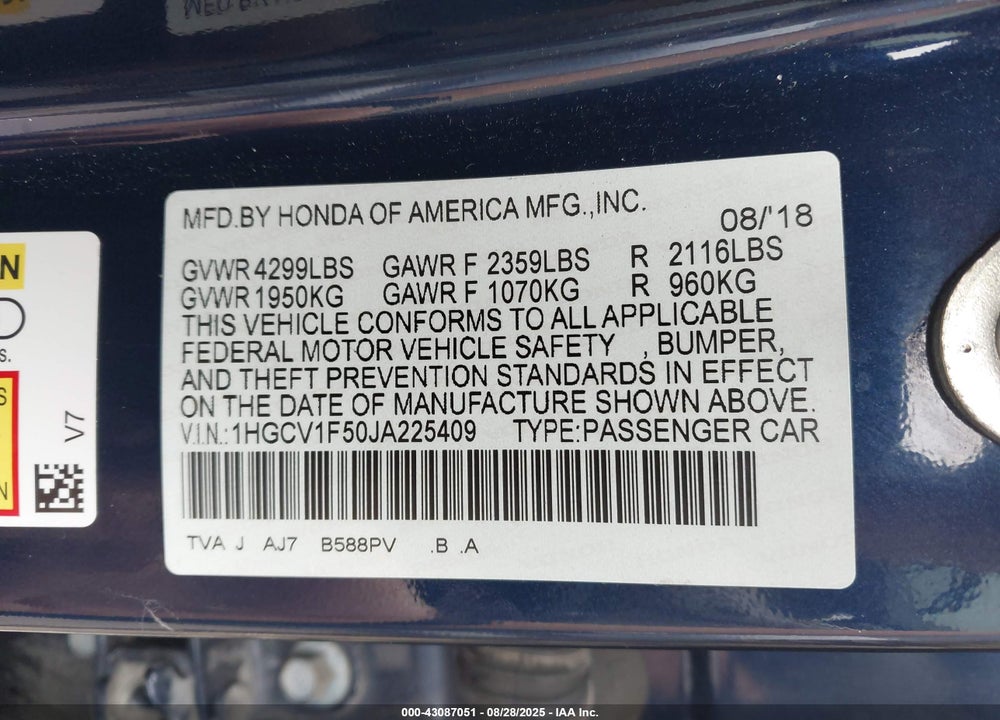2018 HONDA ACCORD EX-L VIN: 1HGCV1F50JA225409