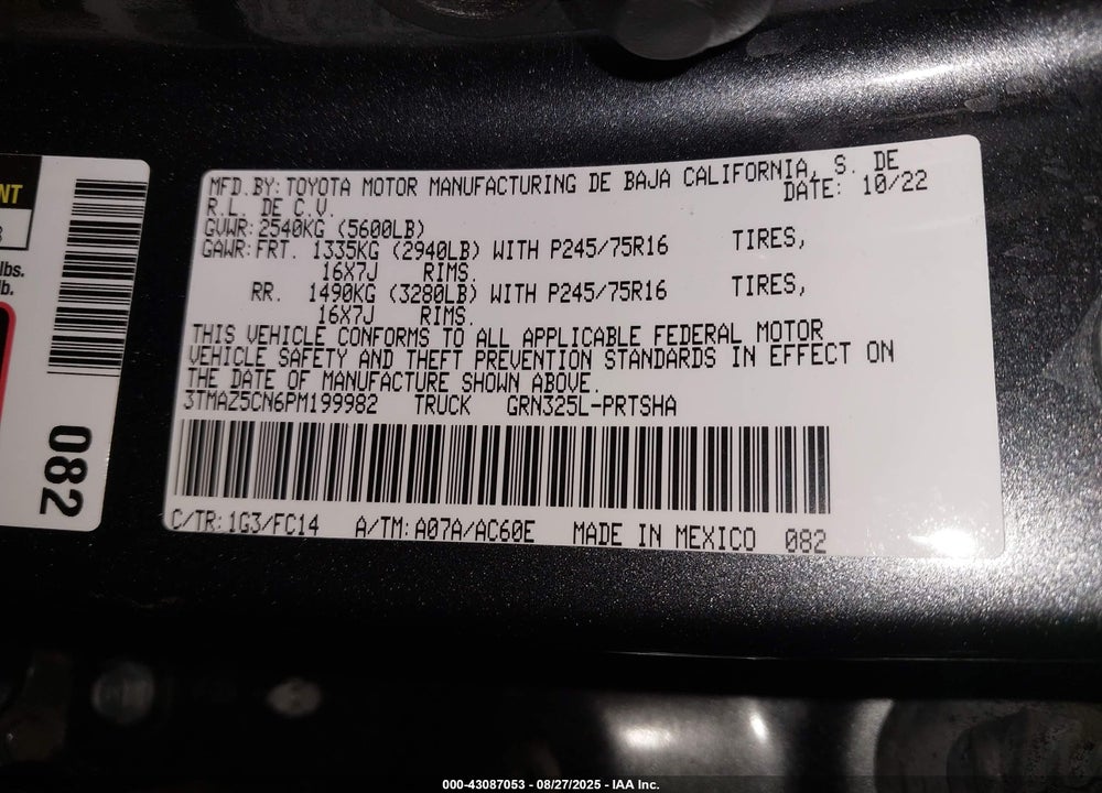 2023 TOYOTA TACOMA VIN: 3TMAZ5CN6PM199982