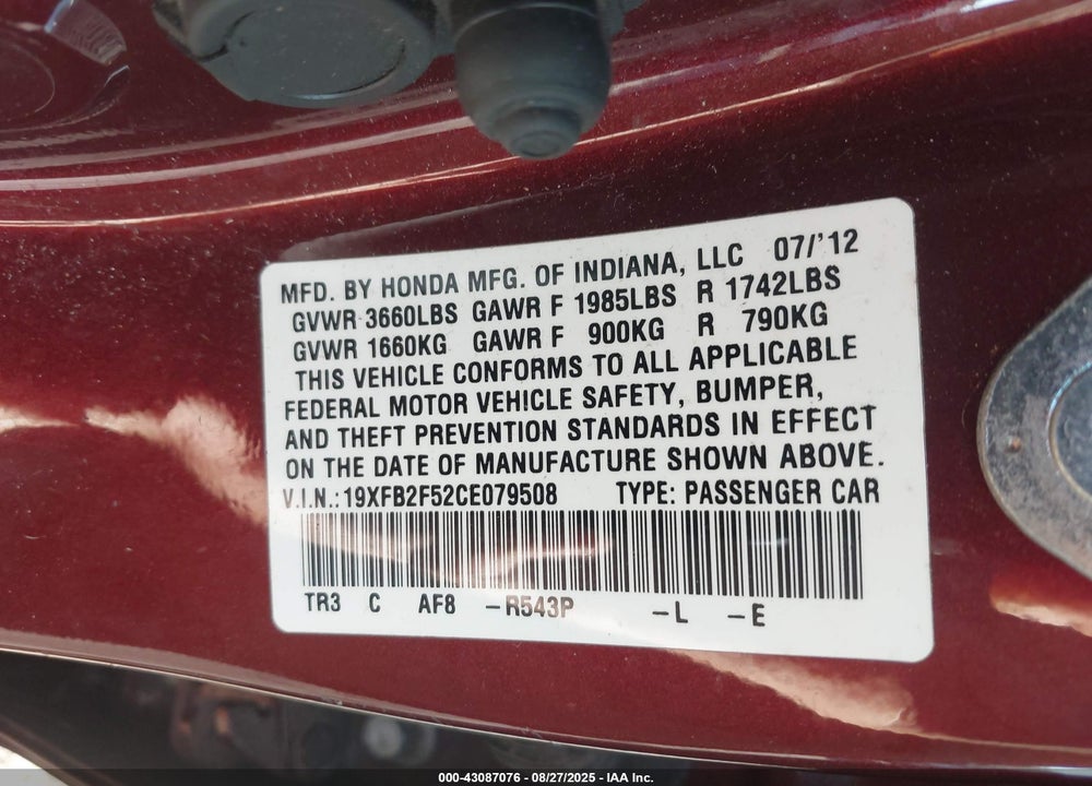 2012 HONDA CIVIC VIN: 19XFB2F52CE079508