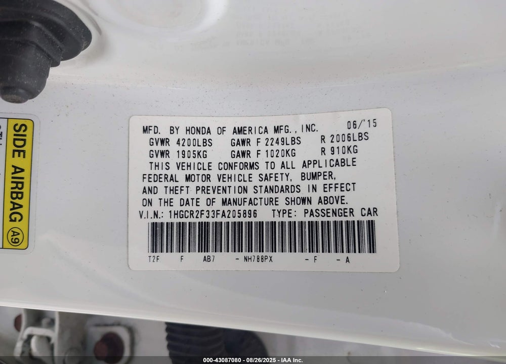 2015 HONDA ACCORD VIN: 1HGCR2F33FA205896
