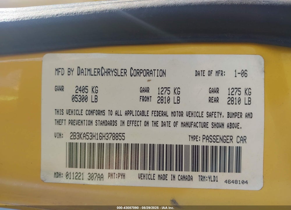 2006 DODGE CHARGER RT VIN: 2B3KA53H16H378855