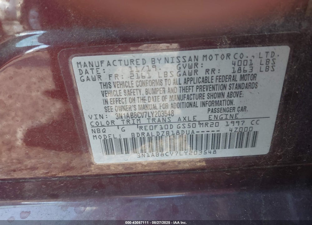 2020 NISSAN SENTRA VIN: 3N1AB8CV7LY203548