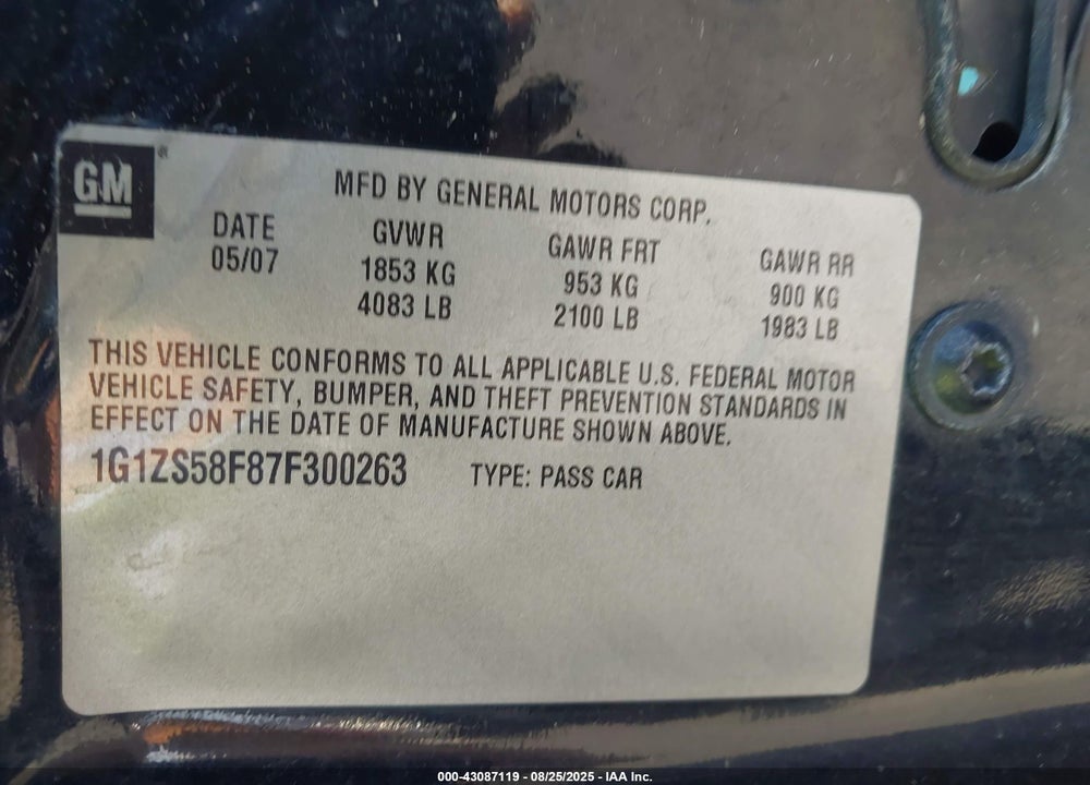 2007 CHEVROLET MALIBU LS VIN: 1G1ZS58F87F300263