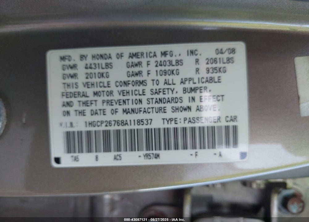 2008 HONDA ACCORD VIN: 1HGCP26768A118537