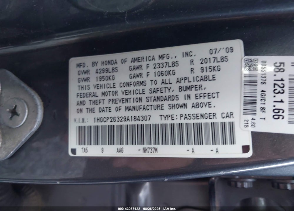 2009 HONDA ACCORD VIN: 1HGCP26329A184307