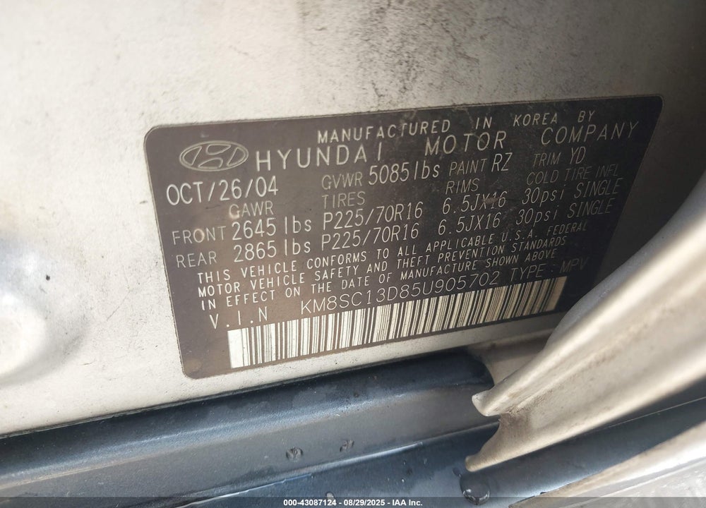 2005 HYUNDAI SANTA FE GLS VIN: KM8SC13D85U905702