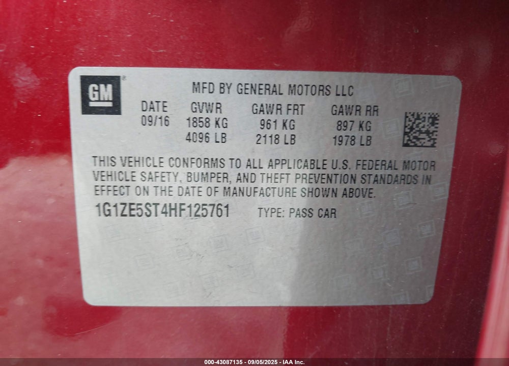 2017 CHEVROLET MALIBU 1LT VIN: 1G1ZE5ST4HF125761