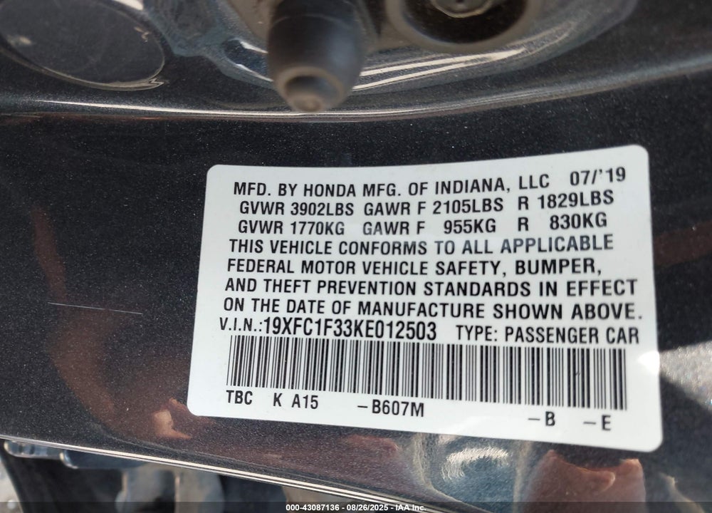 2019 HONDA CIVIC VIN: 19XFC1F33KE012503