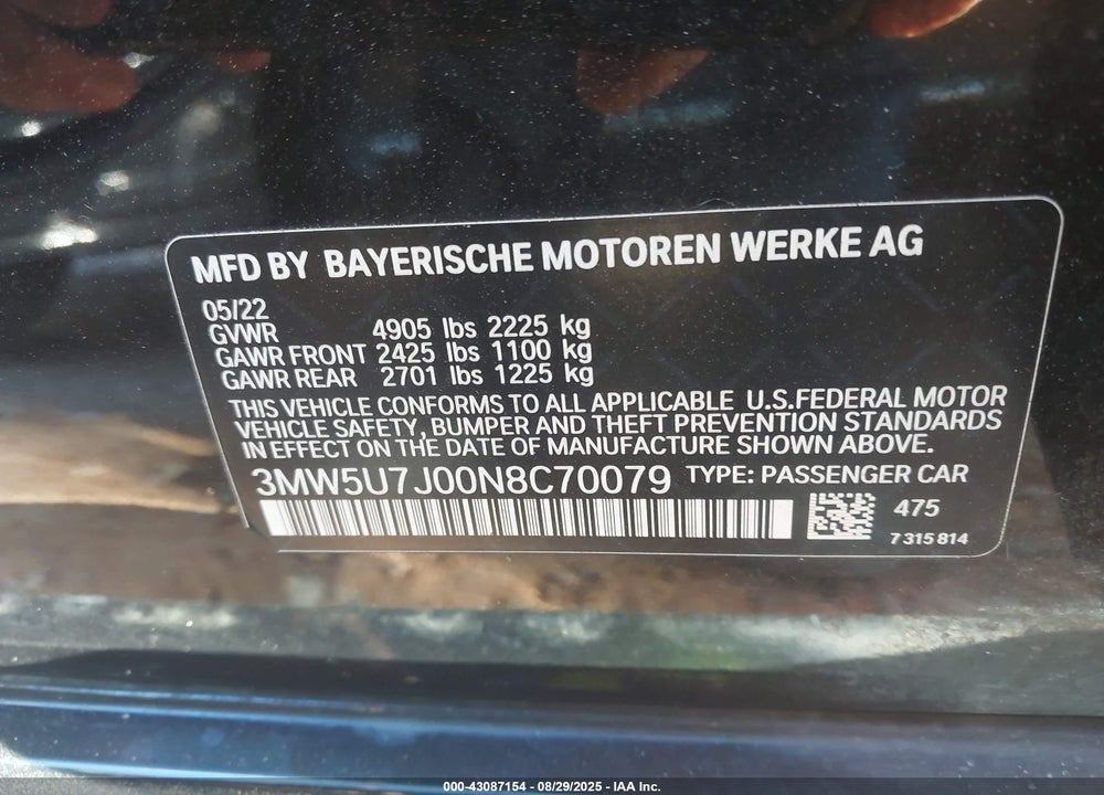 2022 BMW 3 SERIES VIN: 3MW5U7J00N8C70079