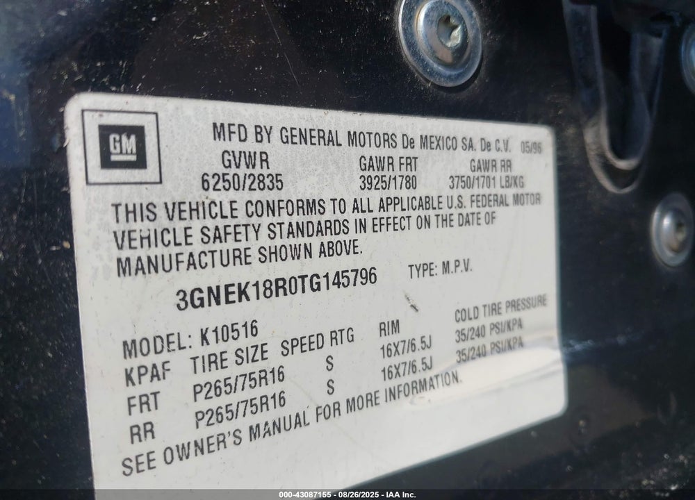 1996 CHEVROLET TAHOE K1500 VIN: 3GNEK18R0TG145796