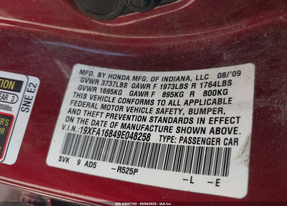 2009 HONDA CIVIC VIN: 19XFA16849E048258
