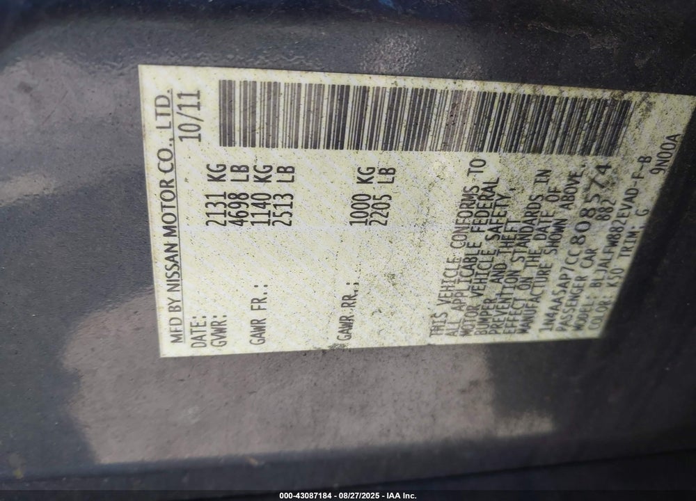 2012 NISSAN MAXIMA VIN: 1N4AA5AP7CC808574