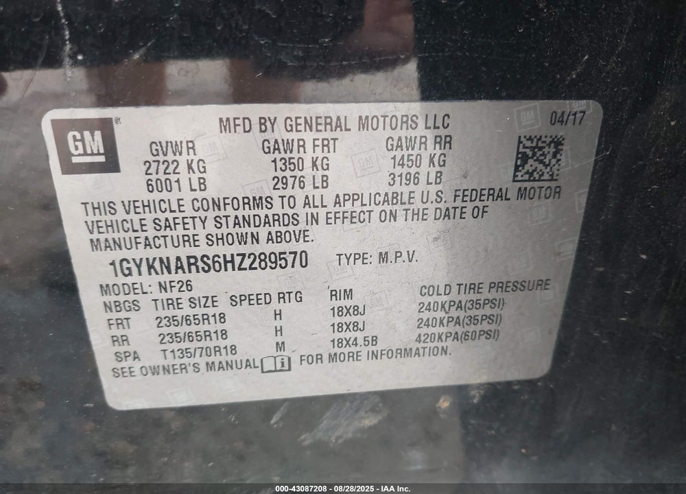 2017 CADILLAC XT5 VIN: 1GYKNARS6HZ289570