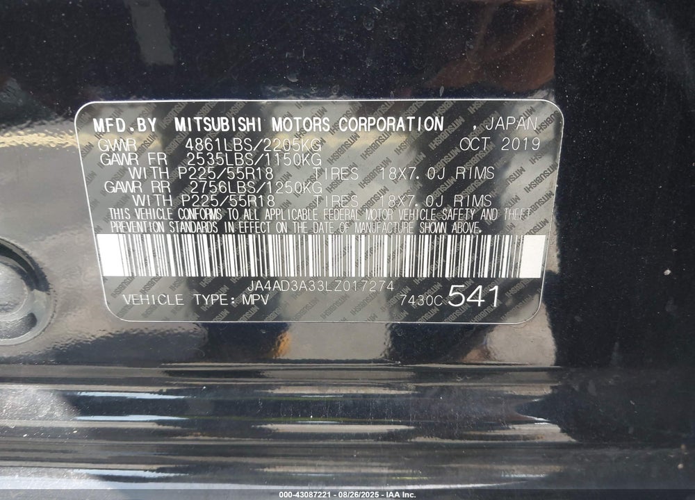 2020 MITSUBISHI OUTLANDER VIN: JA4AD3A33LZ017274