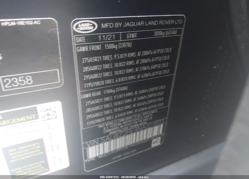 2022 LAND ROVER RANGE ROVER SPORT VIN: SALWZ2RE9NA221603