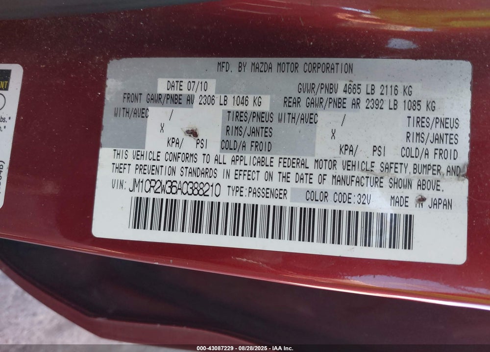 2010 MAZDA 5 VIN: JM1CR2W36A0388210