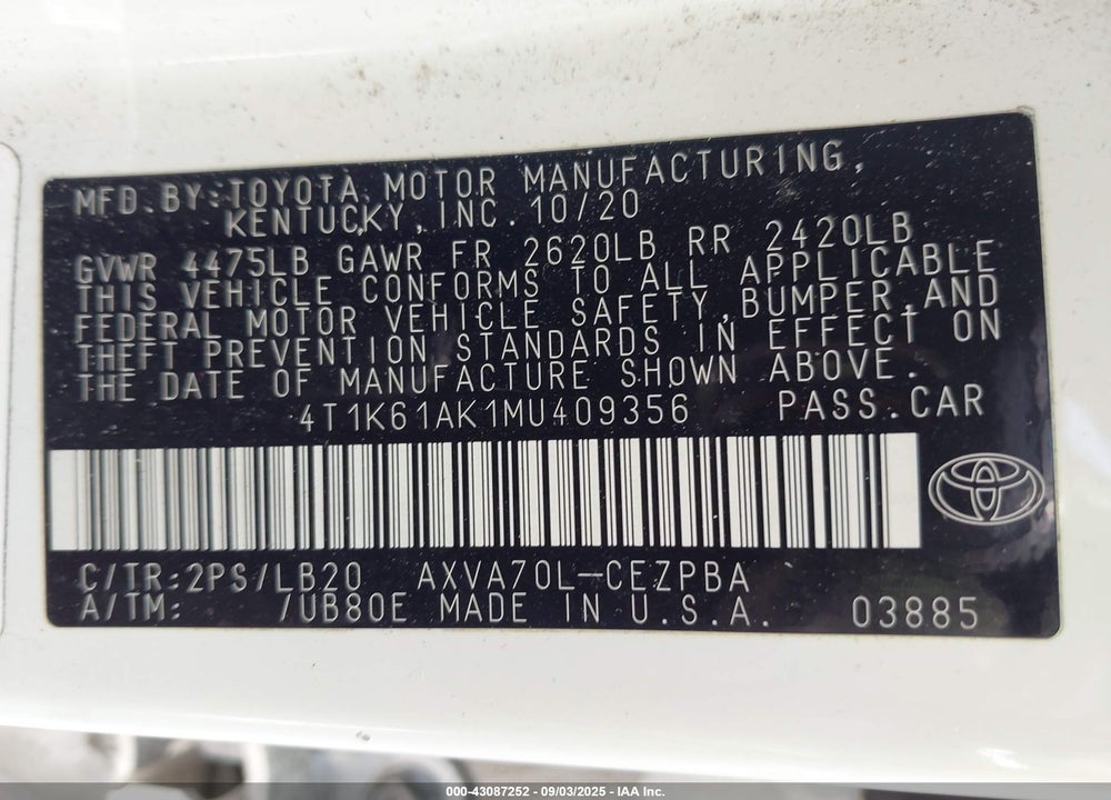 2021 TOYOTA CAMRY VIN: 4T1K61AK1MU409356