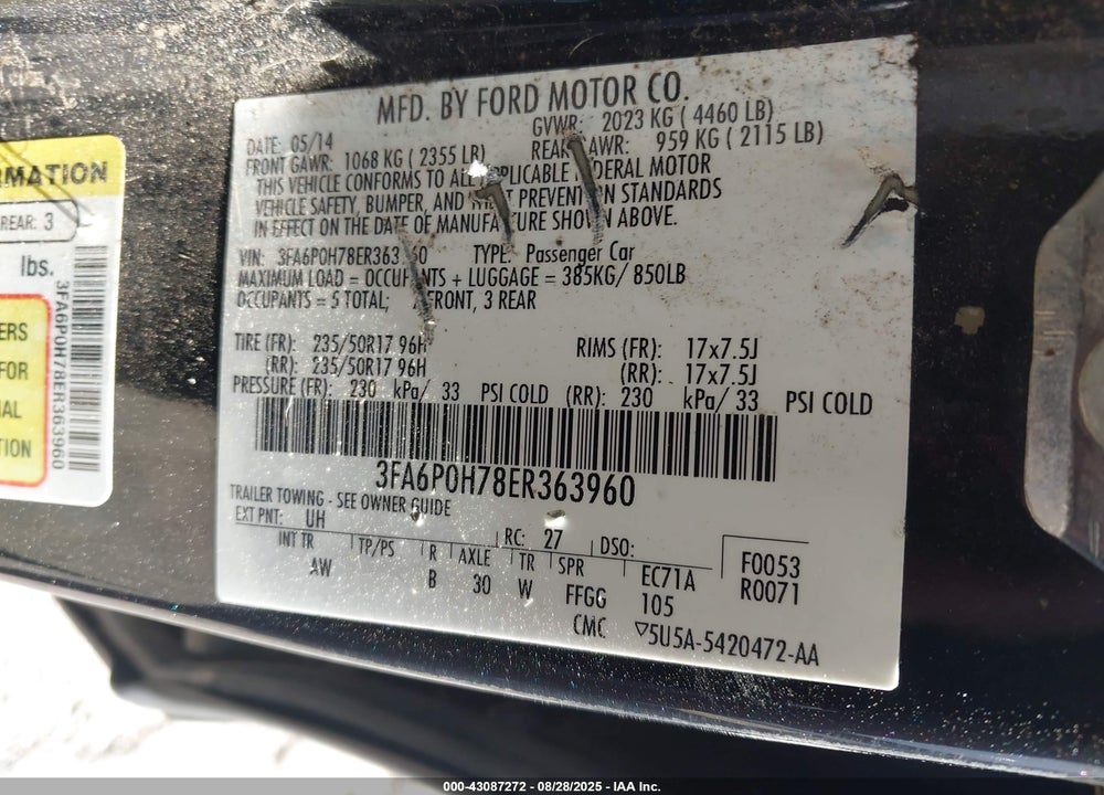 2014 FORD FUSION VIN: 3FA6P0H78ER363960