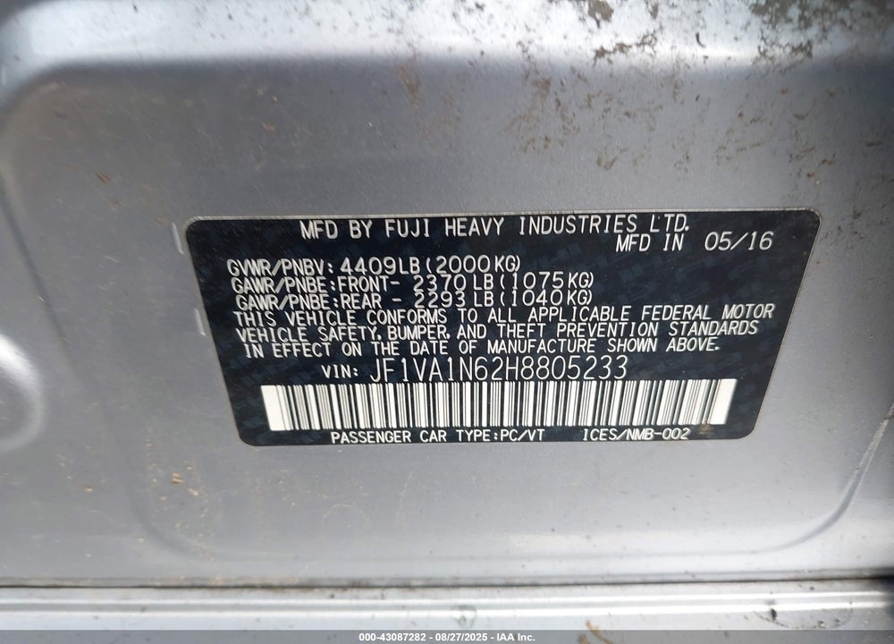 2017 SUBARU WRX VIN: JF1VA1N62H8805233