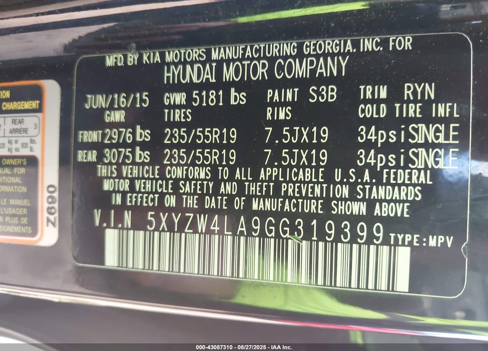 2016 HYUNDAI SANTA FE VIN: 5XYZW4LA9GG319399