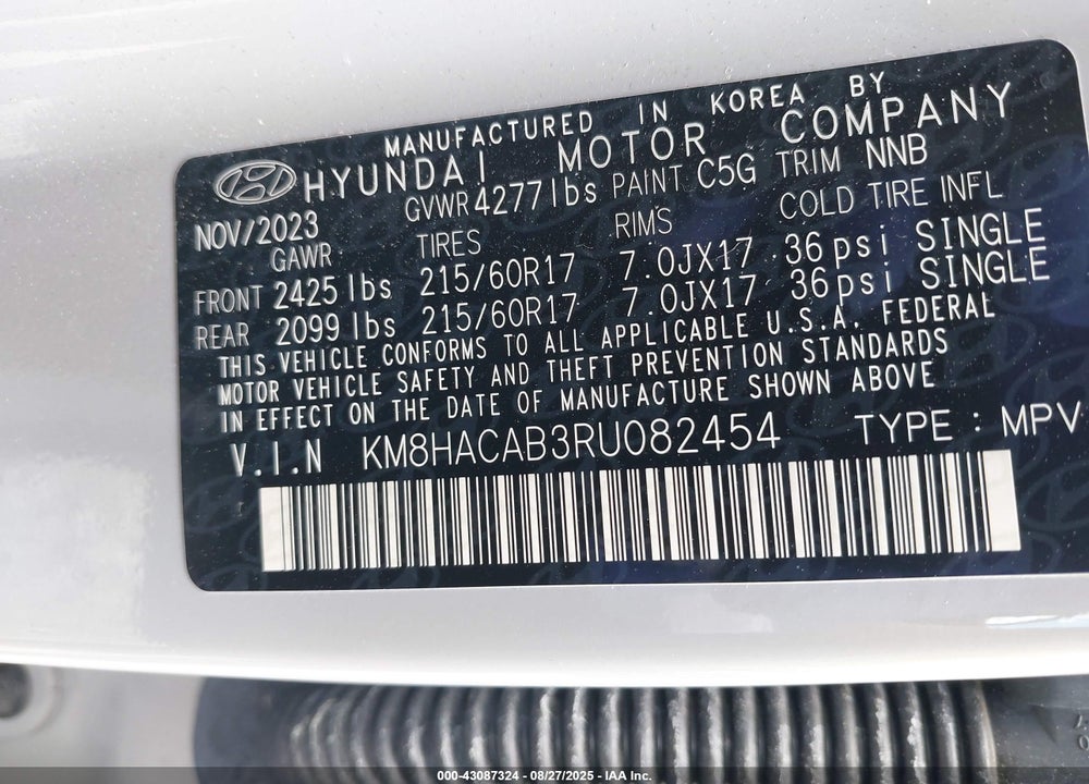 2024 HYUNDAI KONA VIN: KM8HACAB3RU082454