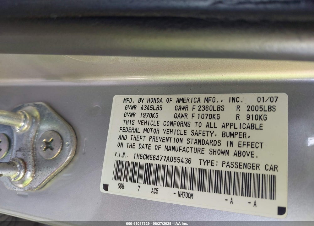 2007 HONDA ACCORD 3.0 SE VIN: 1HGCM66477A055436