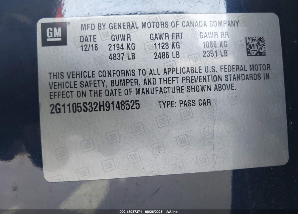 2017 CHEVROLET IMPALA VIN: 2G1105S32H9148525