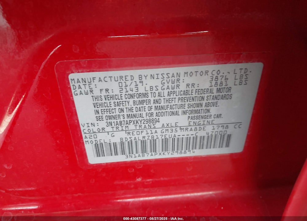 2019 NISSAN SENTRA VIN: 3N1AB7APXKY298894
