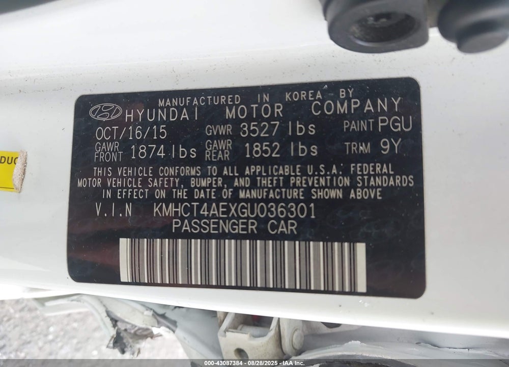2016 HYUNDAI ACCENT VIN: KMHCT4AEXGU036301