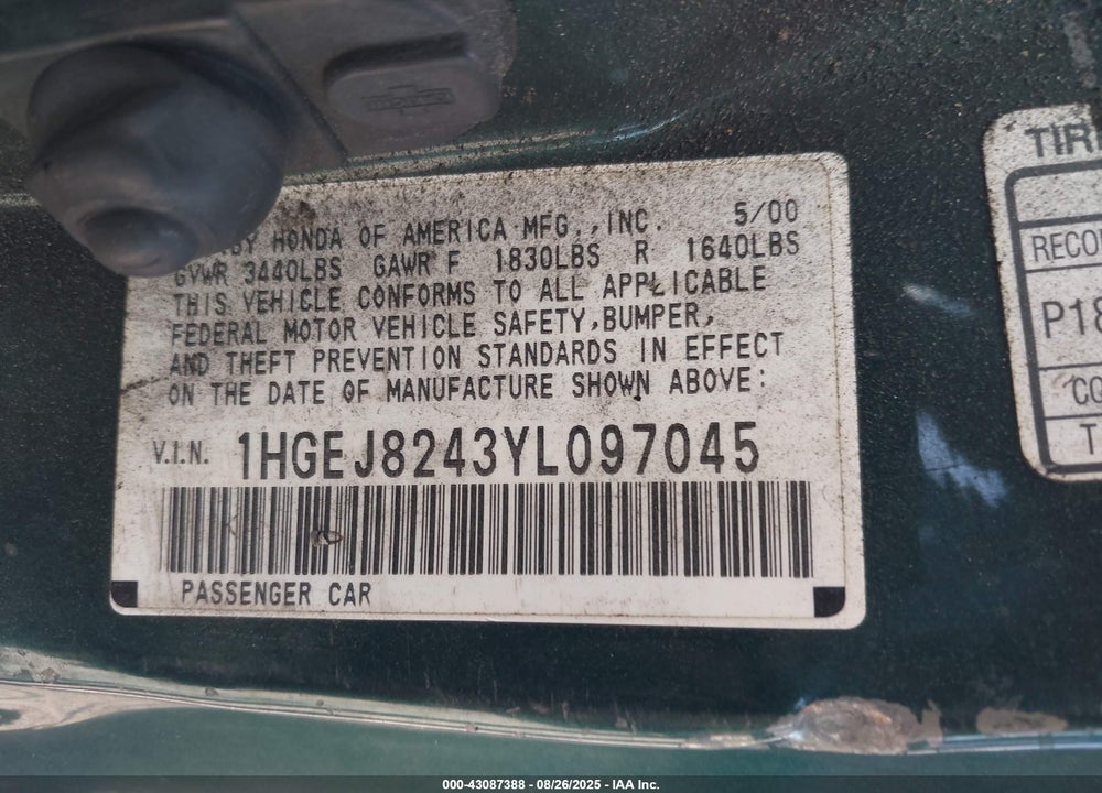 2000 HONDA CIVIC EX VIN: 1HGEJ8243YL097045