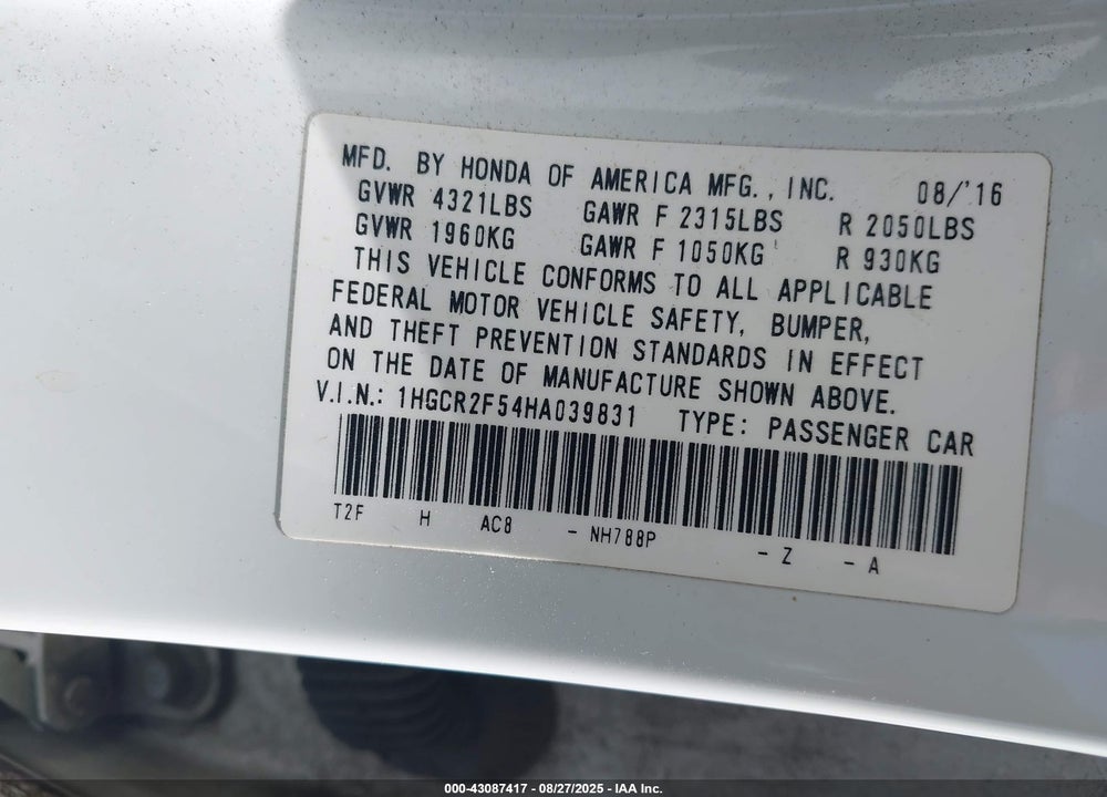 2017 HONDA ACCORD VIN: 1HGCR2F54HA039831