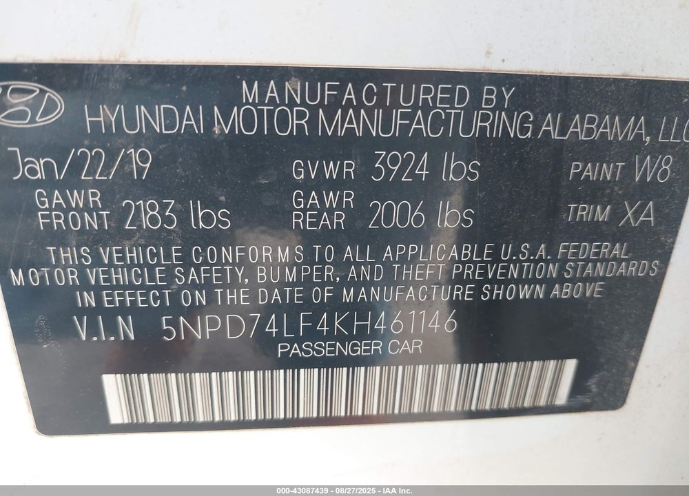 2019 HYUNDAI ELANTRA SE VIN: 5NPD74LF4KH461146