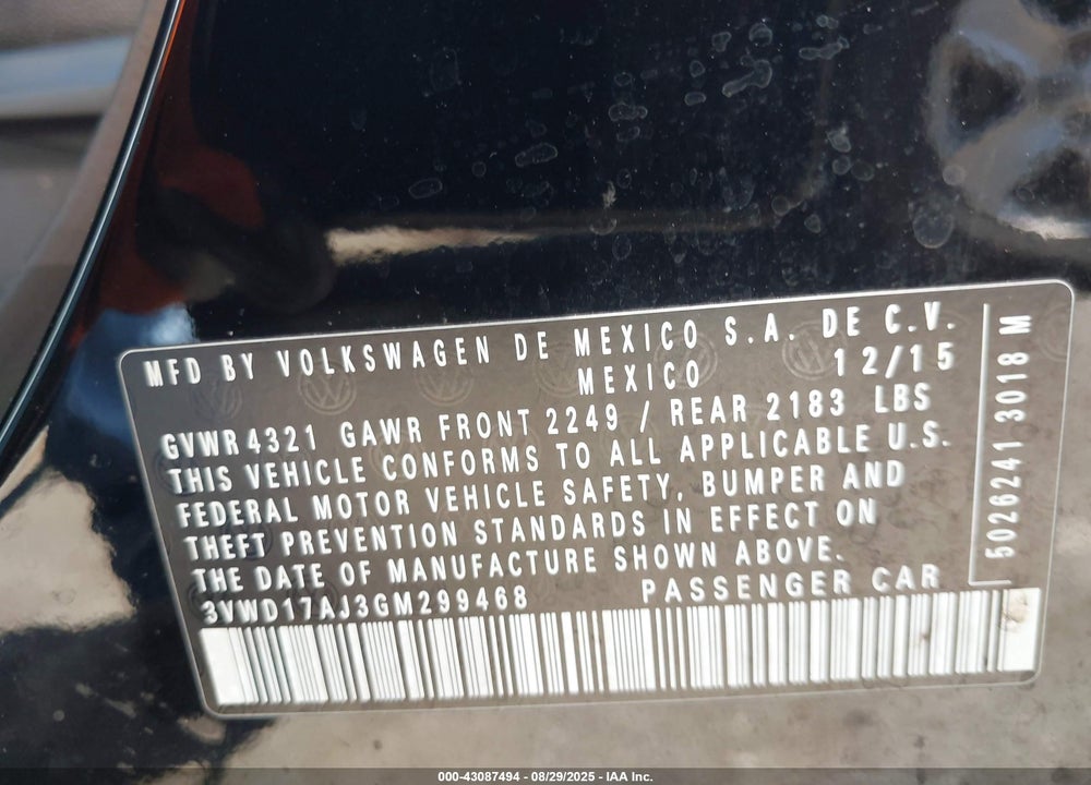 2016 VOLKSWAGEN JETTA VIN: 3VWD17AJ3GM299468