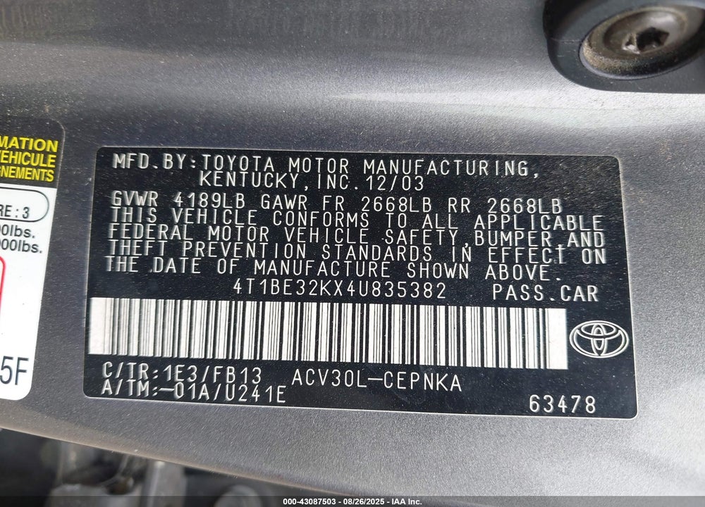 2004 TOYOTA CAMRY LE VIN: 4T1BE32KX4U835382