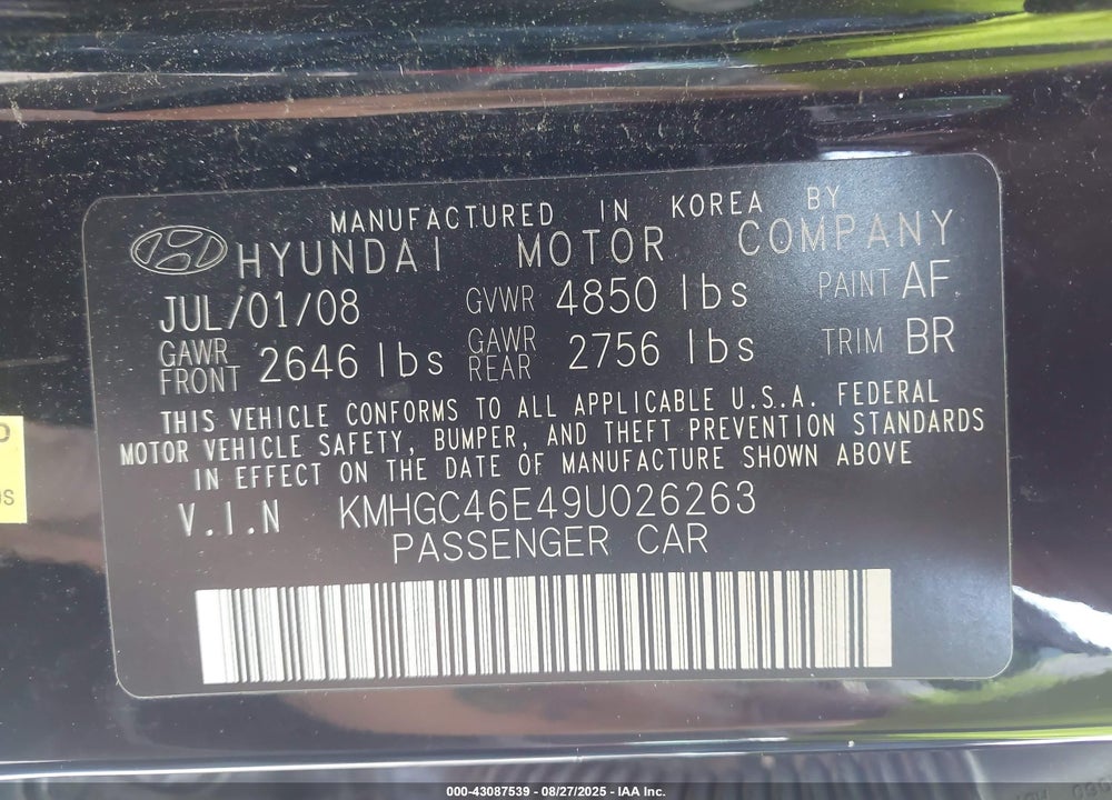 2009 HYUNDAI GENESIS VIN: KMHGC46E49U026263
