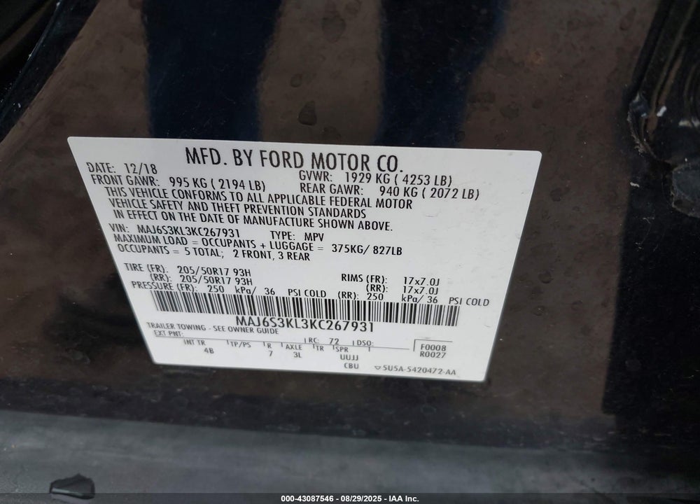 2019 FORD ECOSPORT TITANIUM VIN: MAJ6S3KL3KC267931