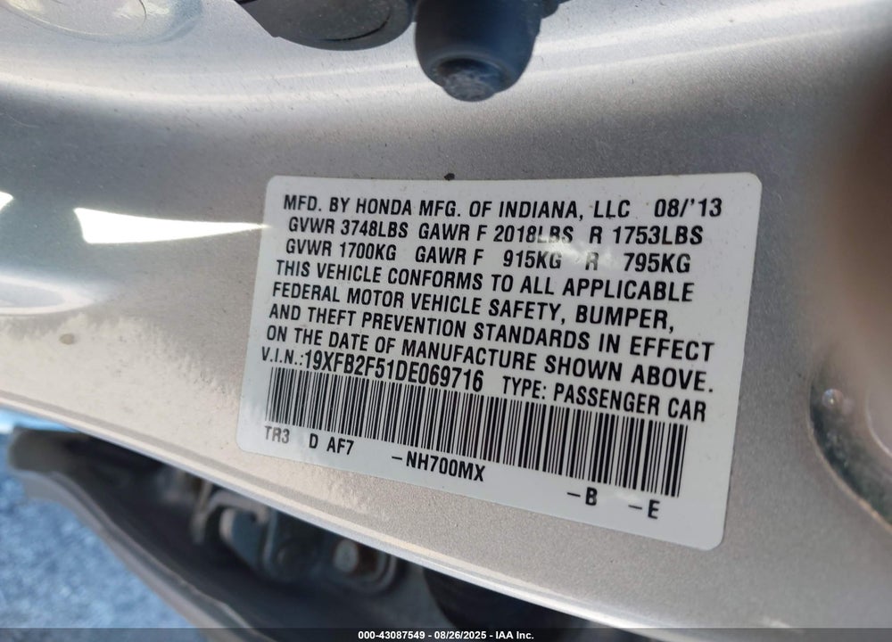 2013 HONDA CIVIC VIN: 19XFB2F51DE069716