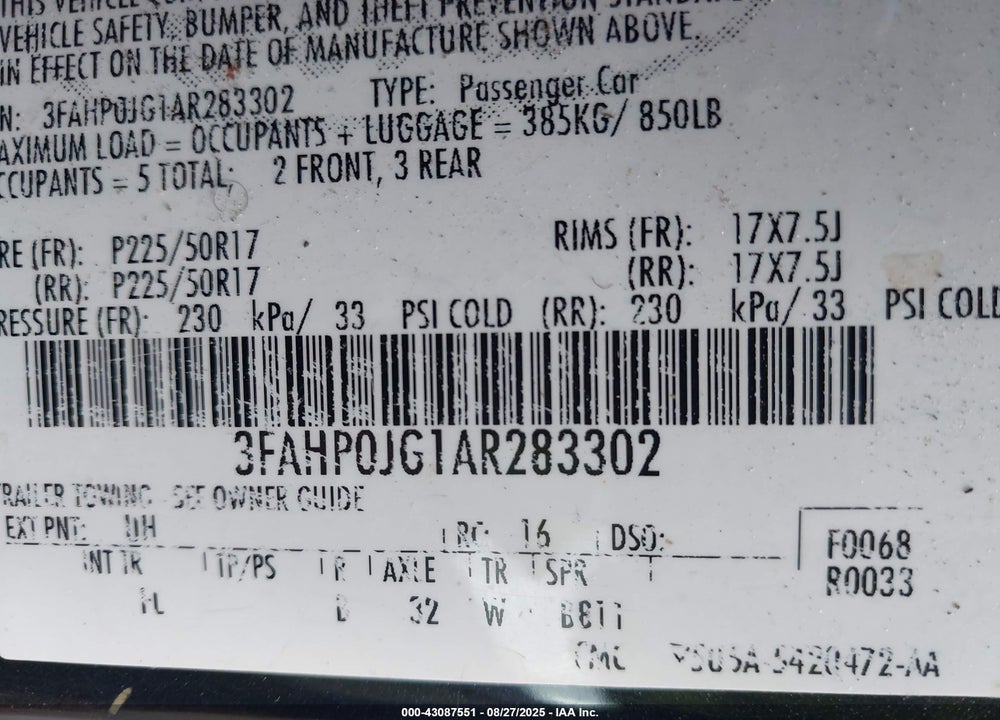 2010 FORD FUSION VIN: 3FAHP0JG1AR283302