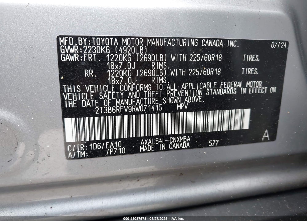 2024 TOYOTA RAV4 HYBRID VIN: 2T3B6RFV9RW071415