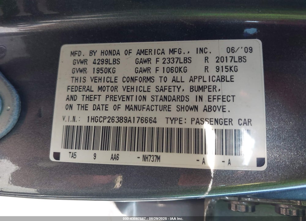 2009 HONDA ACCORD VIN: 1HGCP26389A176664