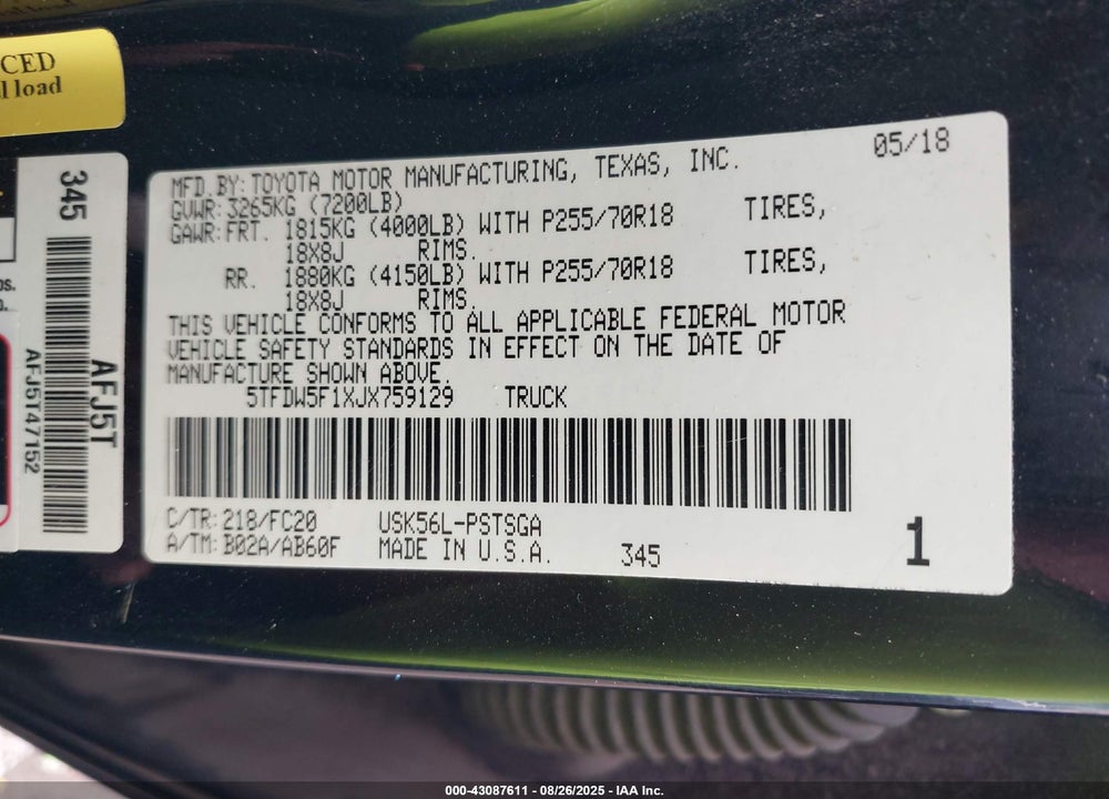 2018 TOYOTA TUNDRA VIN: 5TFDW5F1XJX759129