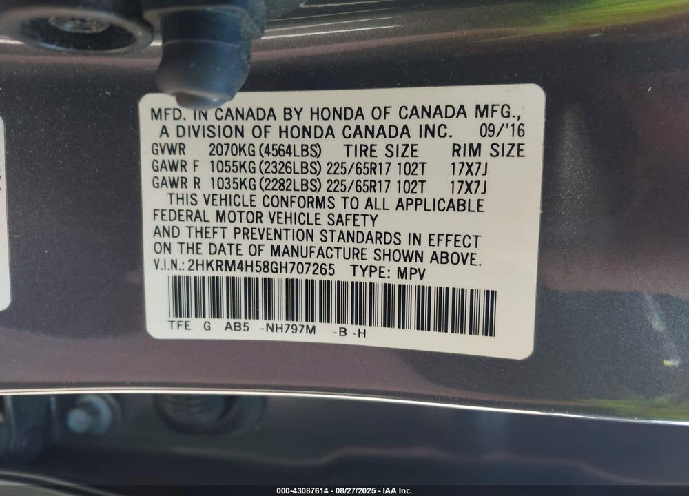 2016 HONDA CR-V EX VIN: 2HKRM4H58GH707265