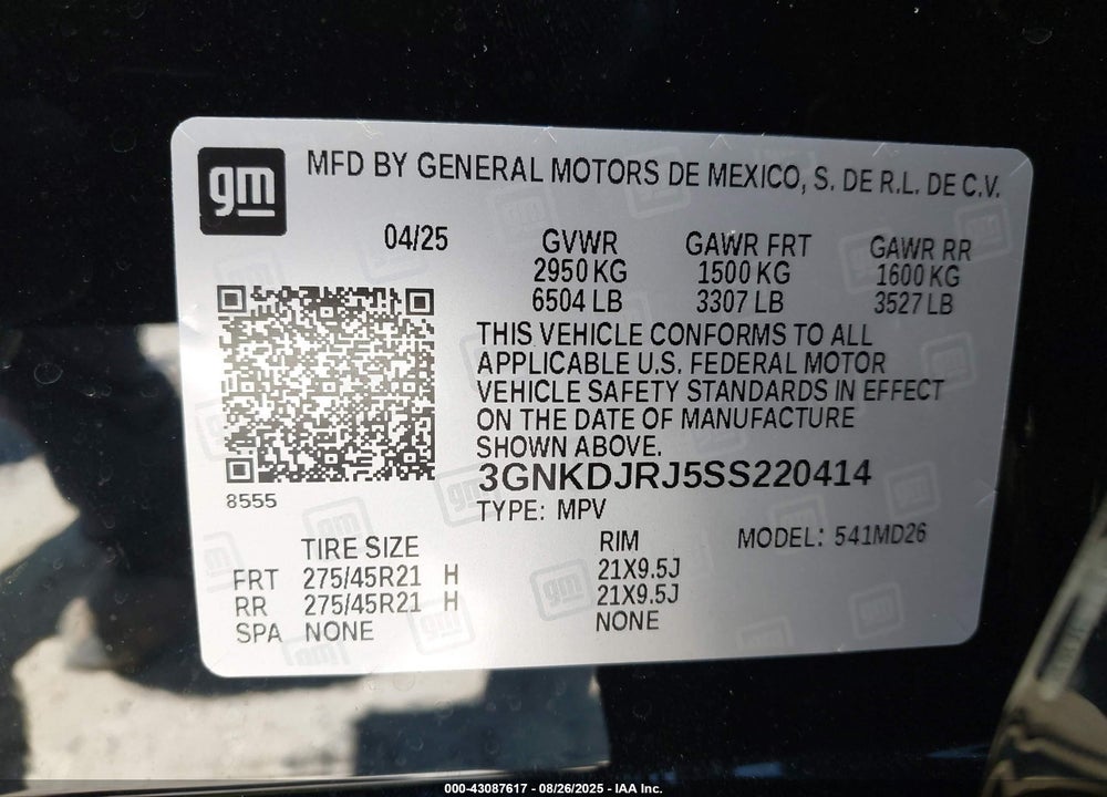 2025 CHEVROLET BLAZER EV EAWD RS VIN: 3GNKDJRJ5SS220414